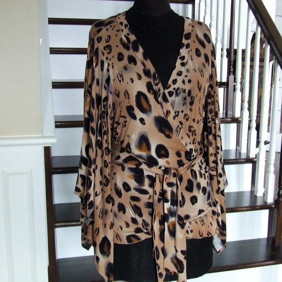 Animal Print Stretchy Blouse Belted Wrap Top M - Picture 1 of 6